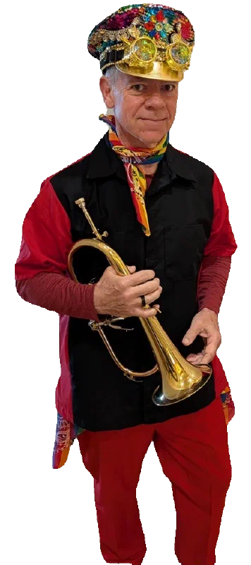 Mike holding a brass instrument in band clothes against a floral backdrop