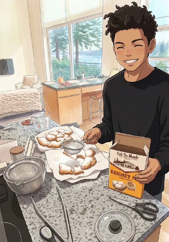 Illustration of a young man making beignets in a kitchen