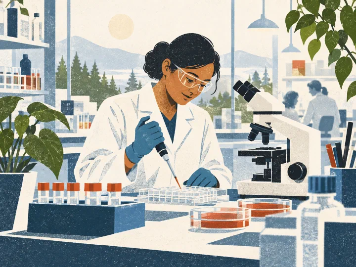 Illustration of a scientist working at a cancer research lab bench