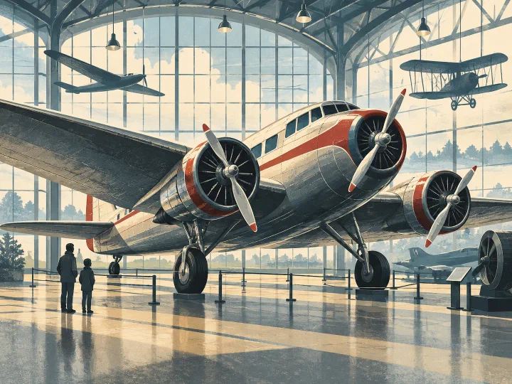 Illustration of airplanes in a museum hangar