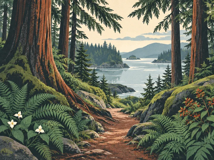 Illustration of a Northwest forest trail leading toward the water
