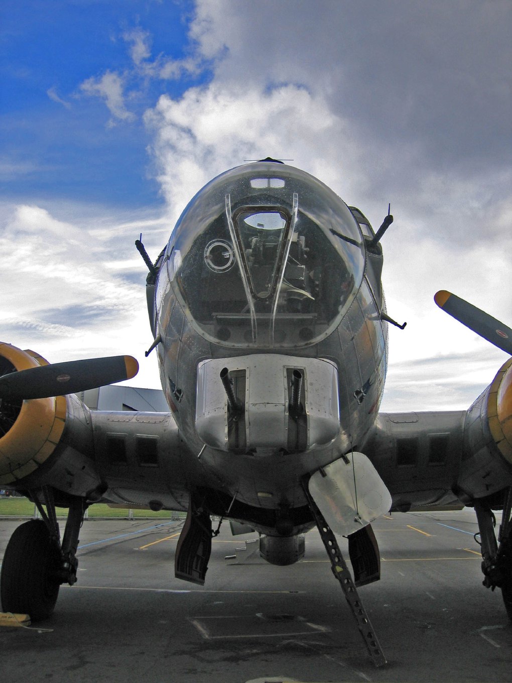 The B-17G's glazed nose and chin turret, seen head-on from the ground