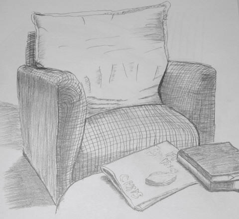 A pencil sketch of an armchair with a cushion, and a newspaper and book on the floor