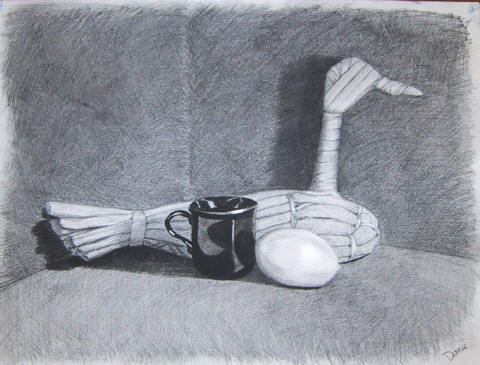 A charcoal drawing of a wooden duck decoy, a mug and an egg in a dark box