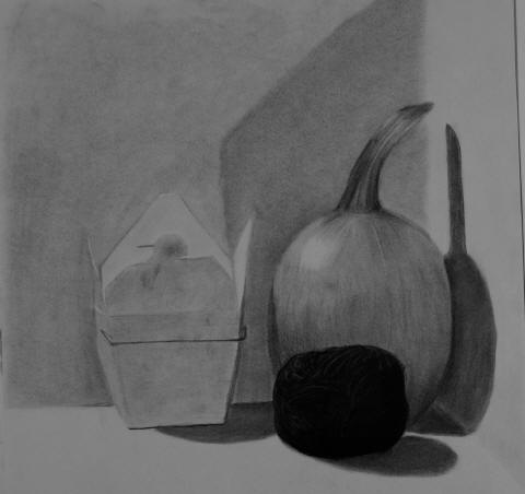 A charcoal sketch of a box, a gourd and a dark ball