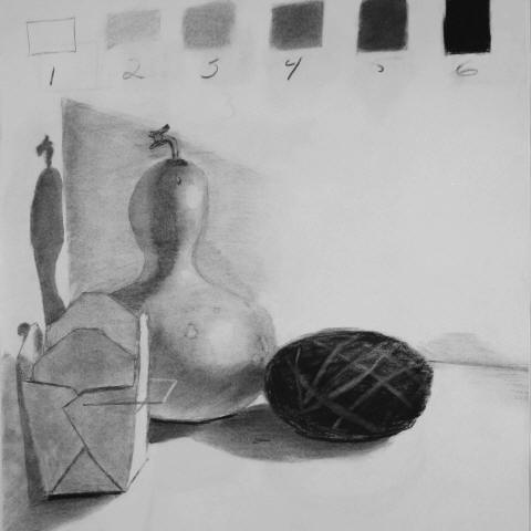 A charcoal sketch of a gourd, a box and a dark ball, below a row of six charcoal value swatches