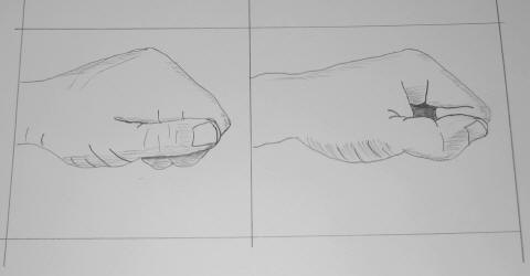 Two pencil line drawings of a hand, side by side