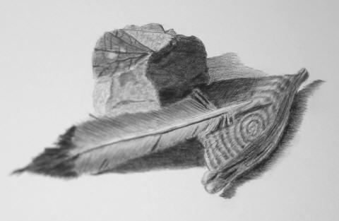 A shaded pencil drawing of a rock, a feather and a piece of wood