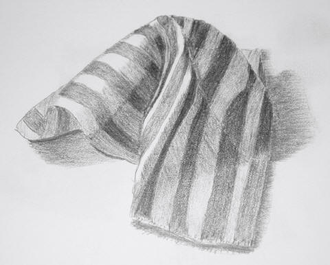 A shaded pencil drawing of a folded, striped cloth