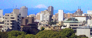 Mt. Fuji on the horizon beyond Tokyo apartment buildings