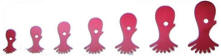 A row of seven pink cartoon octopi, growing from small to large