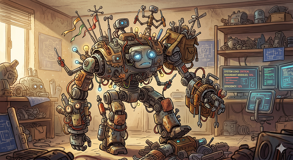 A digital illustration of a cumbersome mechanical robot, completely festooned with mismatched modifications, antennae, wires, and glowing components, standing awkwardly in a cluttered workshop environment.