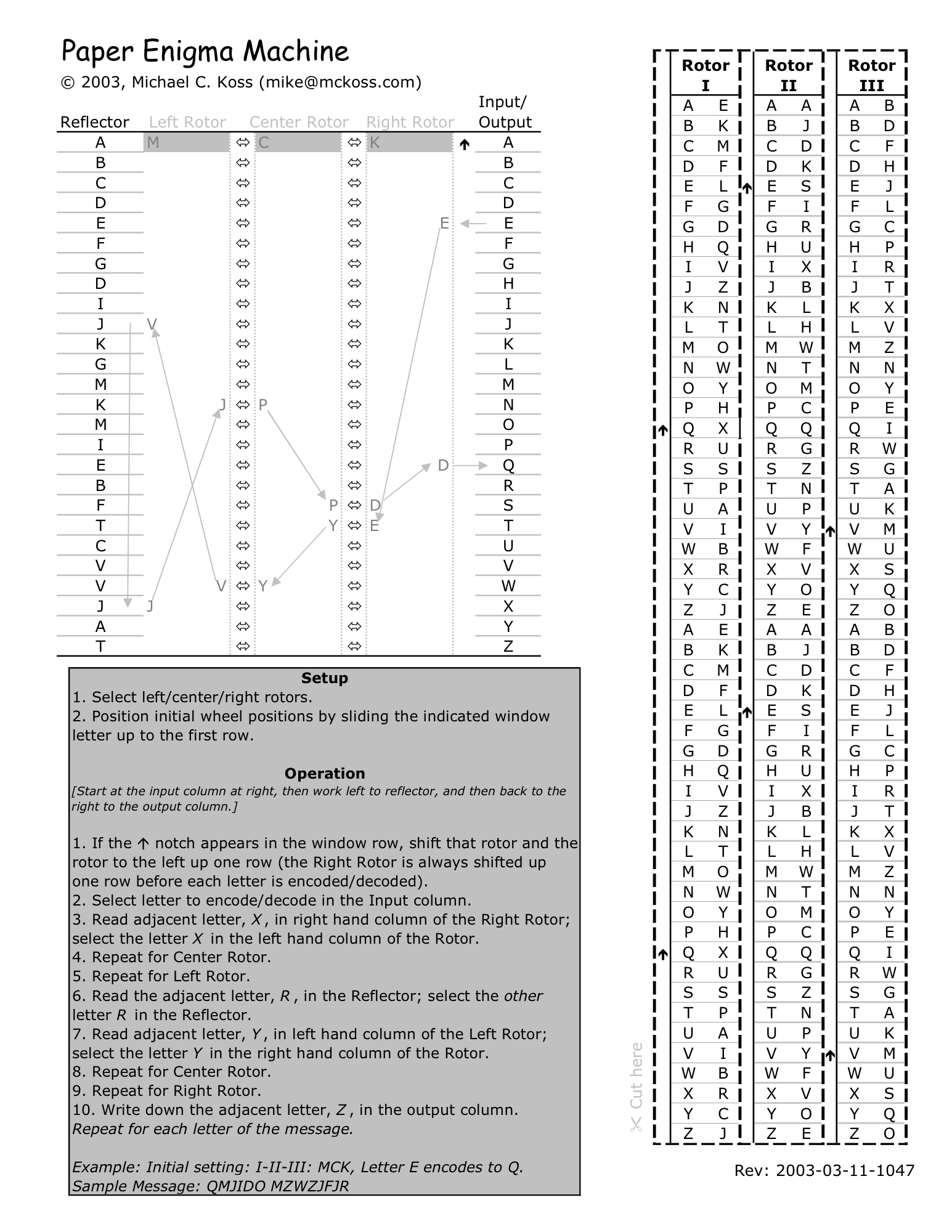 The Paper Enigma Machine worksheet: a reflector, three rotor columns, setup and operating instructions, and cut-out rotor strips