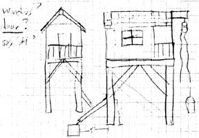 Pencil elevation sketches of the cabin on stilts with a balcony and hoist beam