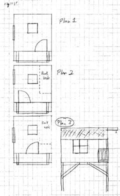 Three pencil floor plans on graph paper, with Plan 3 circled