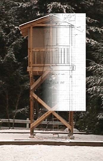The original elevation sketch overlaid on a photo of the finished platform house
