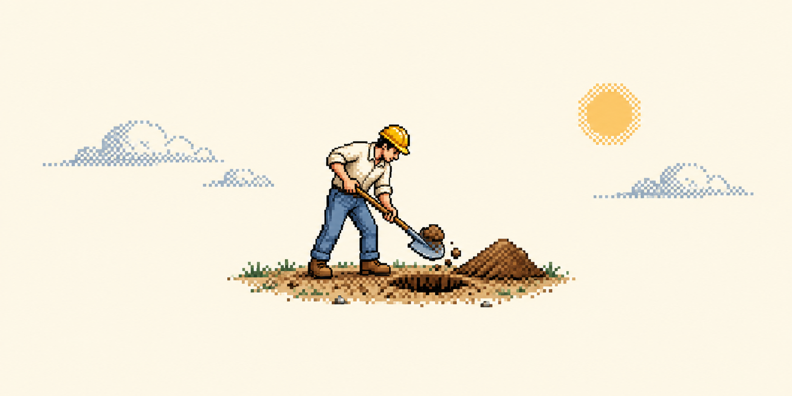 Pixel-art construction worker digging with a shovel
