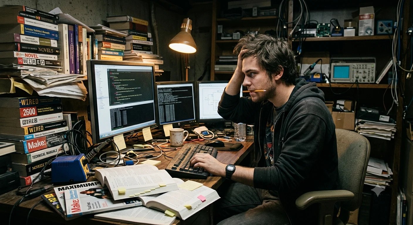 A programmer late at night at a cluttered desk, surrounded by stacks of old technical manuals and magazines