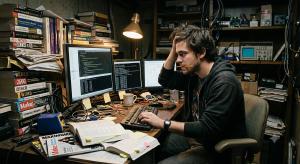 A programmer late at night at a cluttered desk, surrounded by stacks of old technical manuals and magazines