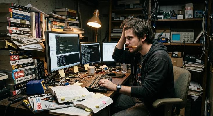 A programmer late at night at a cluttered desk, surrounded by stacks of old technical manuals and magazines