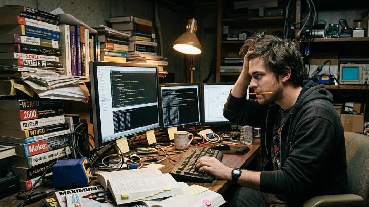 A programmer late at night at a cluttered desk, surrounded by stacks of old technical manuals and magazines