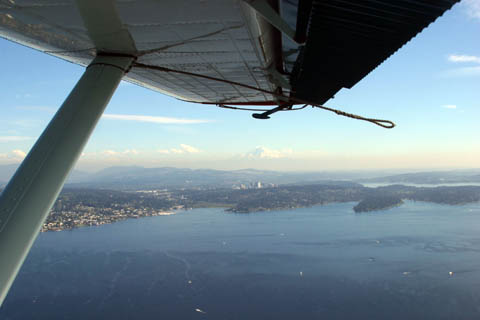 Looking out under the Beaver's wing at the shoreline and islands far below