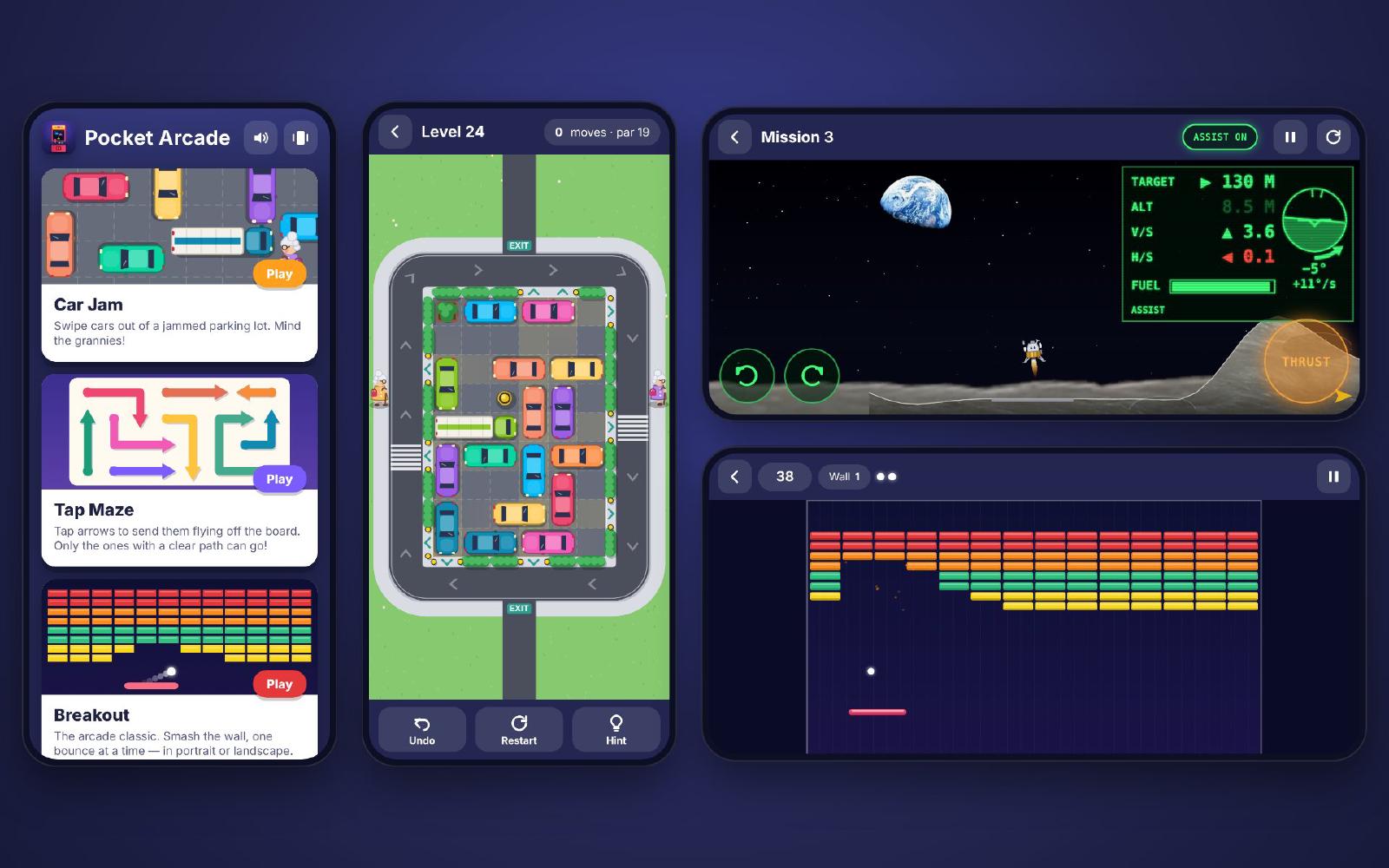 Pocket Arcade on four phones: the home screen and a Car Jam parking lot, with Lunar Lander and Breakout played in landscape